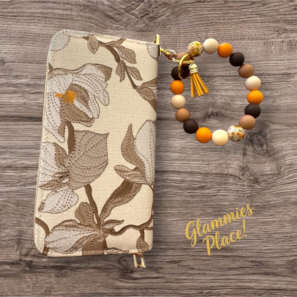 Floral Beige Wristlet with Beaded Keychain